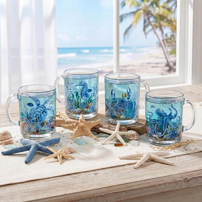Tioncy 4 Pcs Coastal Mugs Blue Sea Turtle Coffee Mugs 12 oz Summer Beach Ocean - Image 6