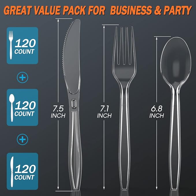360 Count Plastic Silver Ware Heavy Duty, 120 Forks, 120 Spoons, 120 Knives - Image 2