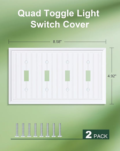 2-Pack Classic Beadboard Quad Toggle Light Switch Cover Plate, Pure White Decorative Switch Plate Covers, Natural Bamboo Fiber 4 Gang Wall Plate for Toggle Light Switch and Rotary Dimmer Switch