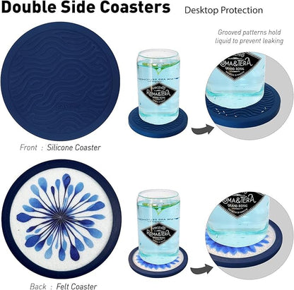 Indigo Floral Non-Slip Silicone Coasters, 4-Pack Double-Sided Absorbent Cup Mats for Hot & Cold Drinks, Scratch & Water Ring Protection for Wood Tables, Home Office Bar Use (4PC)