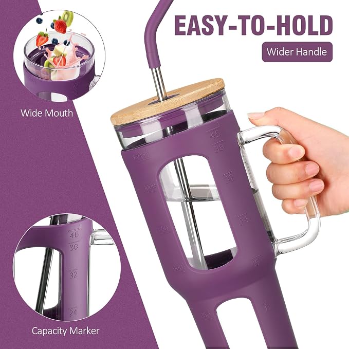 WINSA Glass Tumbler with Lid and Straw, 46 oz, Dark Purple | Iced Coffee Cup - Image 3