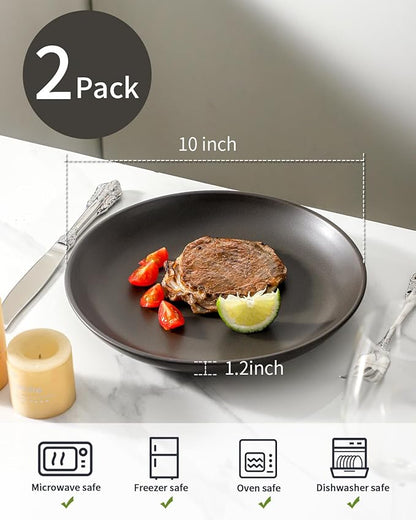 Dinner Plates Set of 2, 10 Inch Stoneware Dinnerware Dish Set for Kitchen, Large Serving Plates for Pasta Steak Assorted, Scratch Resistant, Microwave & Dishwasher Safe, Matte Black