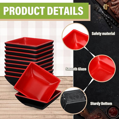 Hushee 25 Pcs Dipping Bowls Soy Sauce Dishes Dipping Sauce Cups Serving Plate Set Black Red Side Small Dish Pinch Bowls for Condiment, Soy, BBQ, Desserts(Square)