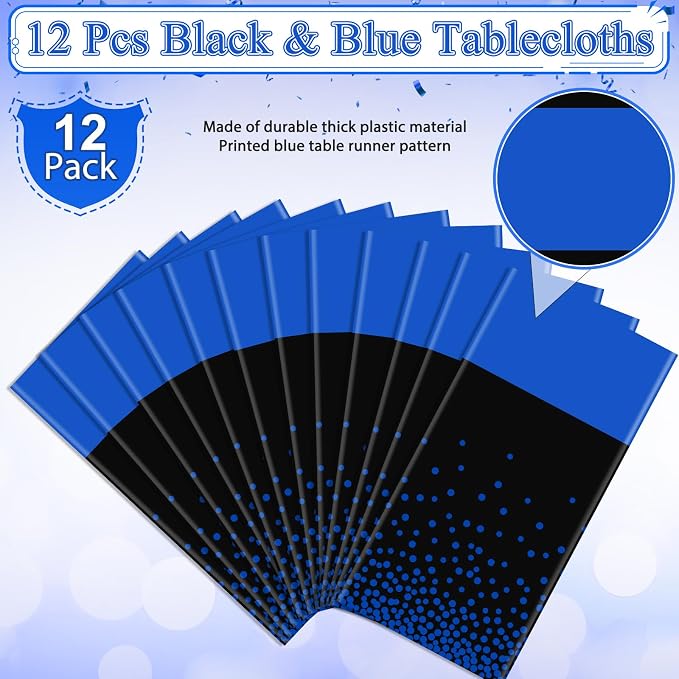 MASHAN 12Pcs Black and Blue Tablecloth Party Decorations, Plastic Black Table - Image 2