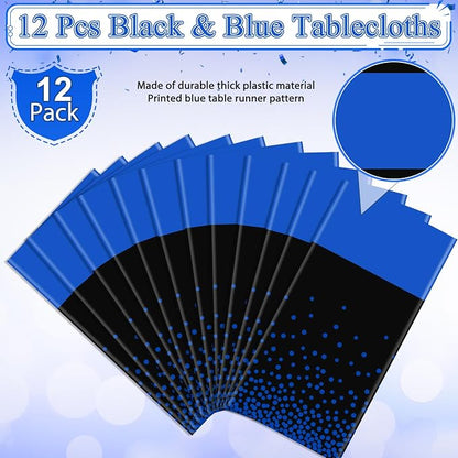 MASHAN 12Pcs Black and Blue Tablecloth Party Decorations, Plastic Black Table - Image 2