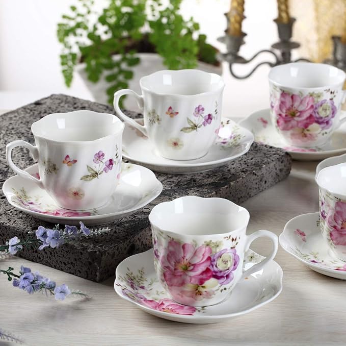 GuangYang 7 oz Porcelain Tea Cups and Saucers Set of 6, Cappuccino, - Image 7