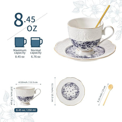 TATSUMI Interglio Embossed Bone China Tea Cup and Saucer Set, 3 Pieces Vintage - Image 2