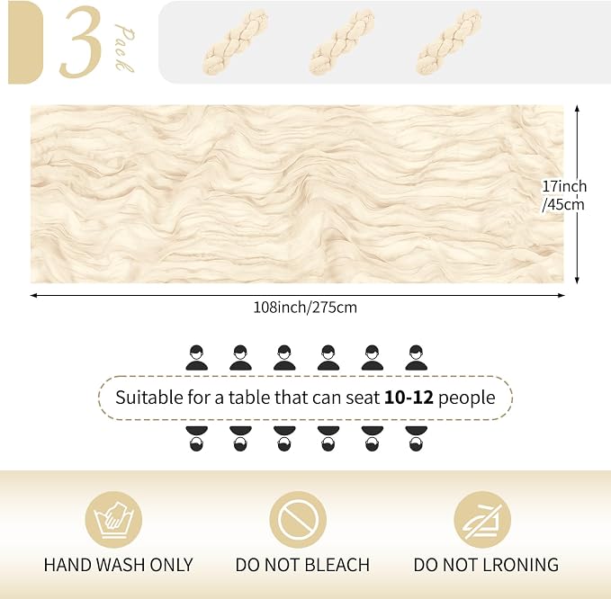 3 Pack Ivory Cheesecloth Table Runner 17x108 Inch Semi Sheer Boho Gauze Cheese - Image 2