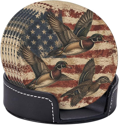 Rustic Americana Patriotic Duck Flag Leather Coasters Set of 6 - Image 2