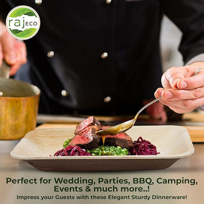 Raj Palm Leaf Plates 10" 100 Square Plates like Bamboo plates Disposable, Decorative Compostable Tableware for wedding, Lunch, Dinner, Birthday, Camping, Outdoor BBQ, Picnic