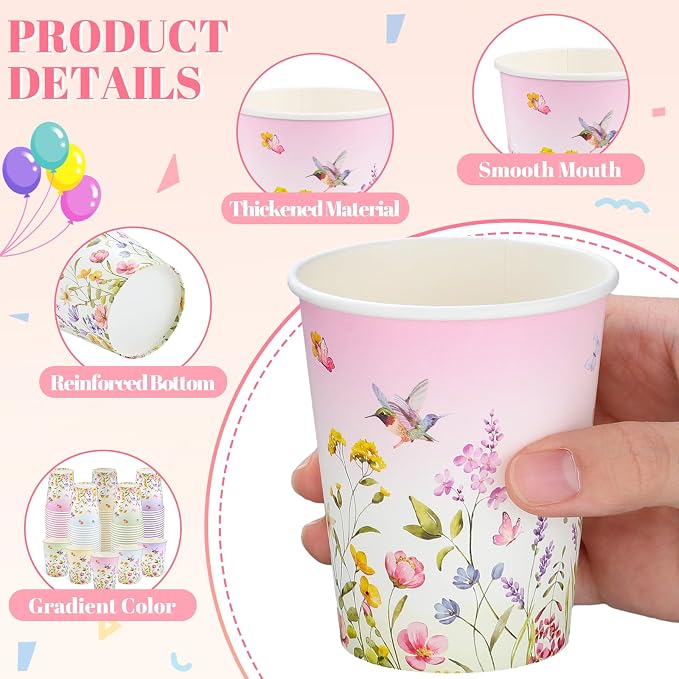NatNarr 100 Pack Floral Paper Cup, 9oz Disposable Wildflower Paper Cups | Tea - Image 4