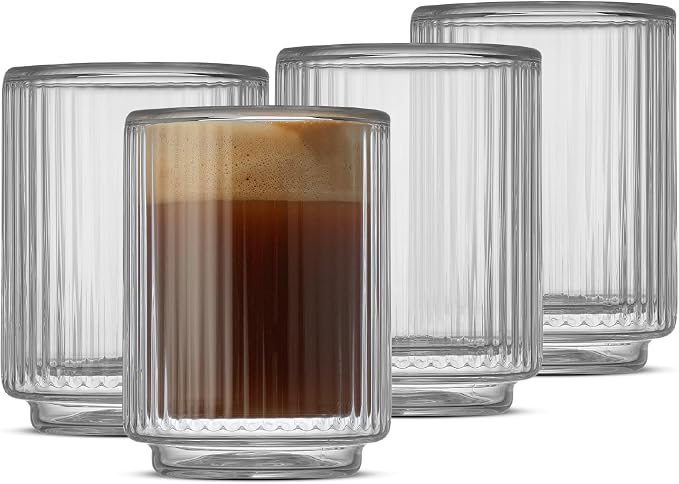 JoyJolt Haven Fluted Stackable Espresso Cups Set of 4, 2.5oz Ribbed Double Wall by JoyJolt