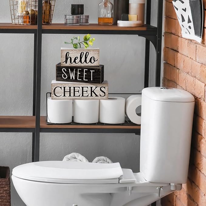 Moucuny 4 Pcs Bathroom Shelf Decor Hello Sweet Cheeks Sign Farmhouse Bathroom - Image 4