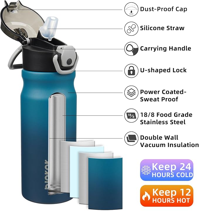 BJPKPK 18 oz Water Bottle with Straw & Handle, Insulated Stainless Flask | Leak - Image 2