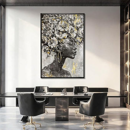 MLART99 Elegant African American Wall Art with Floral Canvas Black Artwork Gold and Black Girl Wall Decor -40x60 Inch Contemporary Print for Living Room Entryway