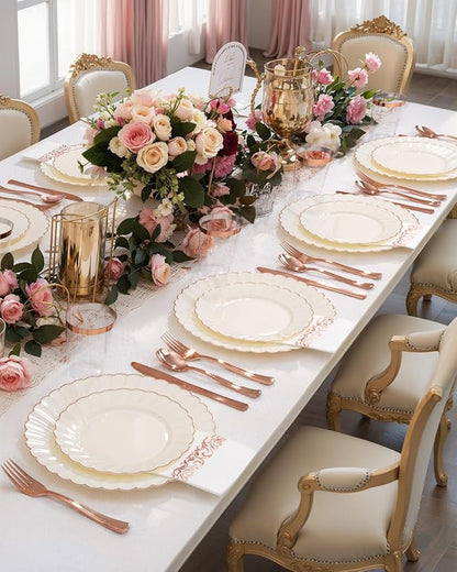 YOUBET 175PCS Ivory Scalloped Plastic Plates - Rose Gold Disposable Dinnerware Set Include 50 Plates, 75 Rose Gold Silverware, 25 Cups, 25 Napkins for Party & Wedding & Baby Shower