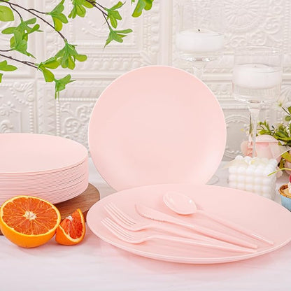 EI 150pcs Pink Plastic Plates Pink Disposable Heavy Duty Plastic Plates for Party Dinnerware Set Pink Plastic Silverware for Party Wedding Afternoon Tea,Spring,Mother's Day,Valentine's Day,Easter