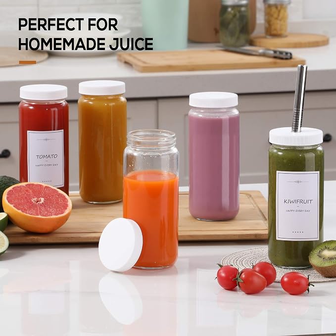 Glass Juicing Bottles with 2 Straws & 2 Lids w Hole- 16 OZ Travel Drinking Jars - Image 4