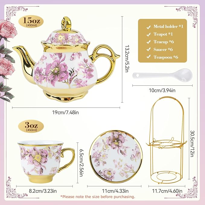 20 Pcs Porcelain Tea Set with Metal Holder, European Ceramic Tea Set - Image 4