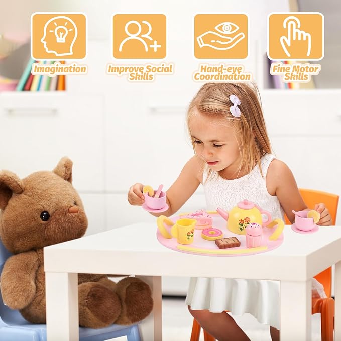 Tea Party Set Wooden Tea Sets for Toddlers 3-5 Little Girls 4-6 6-8 Kids | Kids - Image 5