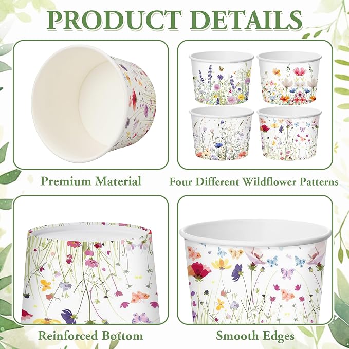 CHENGU 60 Pcs Wildflower Snack Cups 9 oz Flower Ice Cream Paper Bowls - Image 5