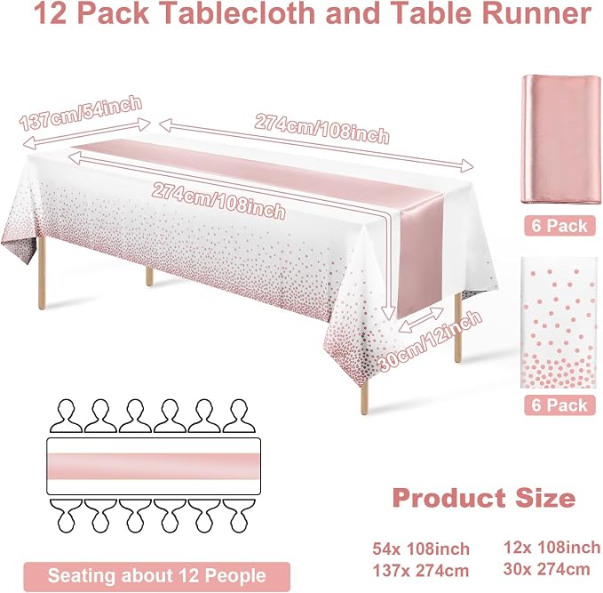 12 Pack Disposable Plastic Tablecloths and Satin Table Runner Set White and - Image 2