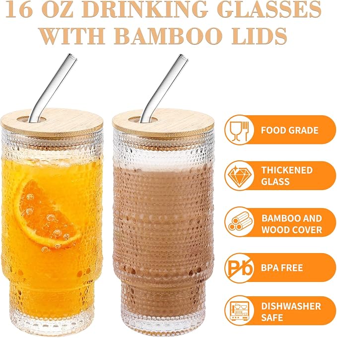 Hobnail Drinking Glasses 16 oz, 2 Pack Vintage Hobnail Glassware, Kitchen Cups - Image 3