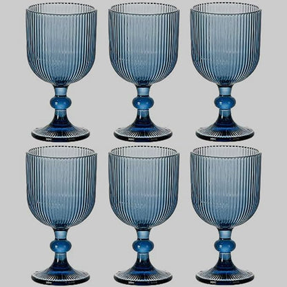 Blue Glasses Drinking Water Goblets set of 6 Big Vintage Glassware 13oz Colored Wine Glasses for Wedding Party Bar Vertical Line Embossed Pattern Stemmed Cups 400ml