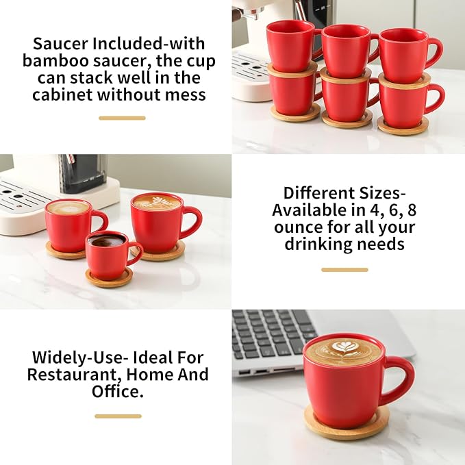 HASENSE Cappuccino Cups with Bamboo Saucers Set of 6, 8 OZ Ceramic Espresso - Image 5