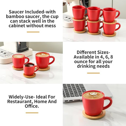 HASENSE Cappuccino Cups with Bamboo Saucers Set of 6, 8 OZ Ceramic Espresso - Image 5