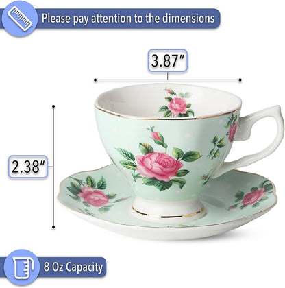 BTaT- Floral Tea Cups and Saucers, 8 oz | Fine Porcelain Teacup Set Gold Trim - Image 3