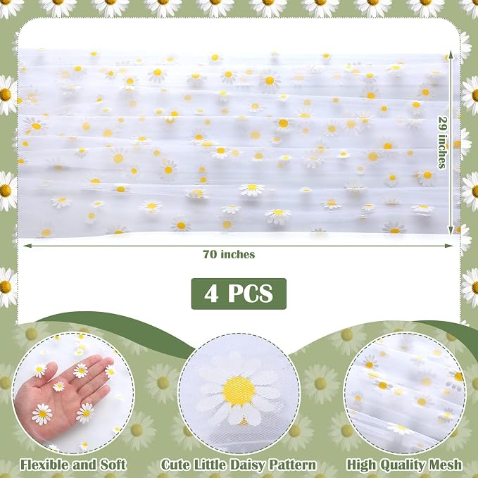 4 Pcs Daisy Table Runner 29 X70 Inch White Tulle Lace Table Cloth Florals - Image 2