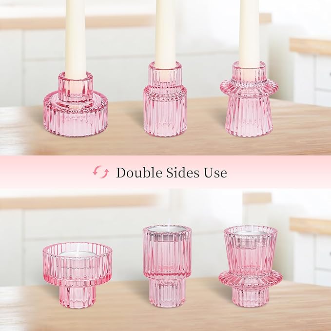 Taper Votive Candle Holder for Pillar Candles Tealight, Candlestick Holder for Wedding Christmas Tea Party, Boho Ribbed Vintage Crystal Glass Table Centerpiece Decor, Bulk Set of 6 (Pink)