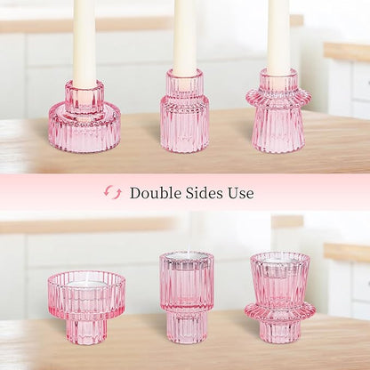 Taper Votive Candle Holder for Pillar Candles Tealight, Candlestick Holder for Wedding Christmas Tea Party, Boho Ribbed Vintage Crystal Glass Table Centerpiece Decor, Bulk Set of 6 (Pink)