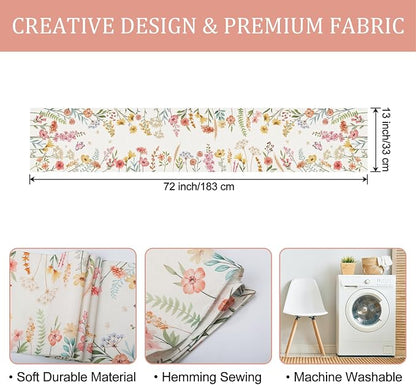 Bonhause Spring Floral Table Runner 13x72 Inch Pink Flowers Green Leaves - Image 6