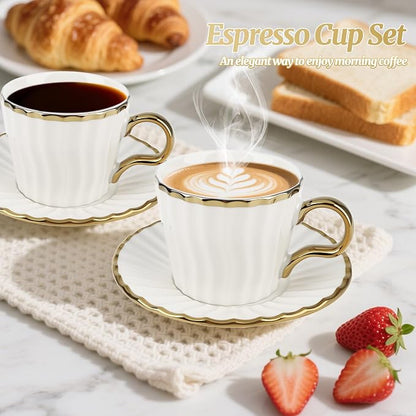 Espresso Cups with Saucers, 3.5 oz Turkish Coffee Cup With Gold Trim, Ceramic - Image 3