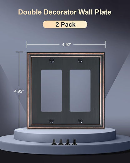 2-Pack Decorative Double Decorator Outlet Cover Plate, Durable Zinc Alloy Aged Bronze Wall Plates for Electrical Outlets, Receptacle, GFCI Outlet, Dimmer Switch, 2-Gang, Corrosion Resistant