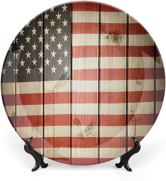 Ceramic Display Plate, American Flag Decor Ceramic Hanging Decorative Plate, USA Flag Over Vertical Striped Wooden Board, 6 Inch, Household Custom Ceramic Plate, Blue Red