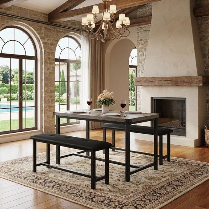 Garvee Dining Table with 2 Benches, Kitchen Table with 2 Upholstered Benches, 3 Piece Dining Table Set Space Saving for Apartment, Kitchen, 44.48" l x 27.58" w x 29.58" h, Grey