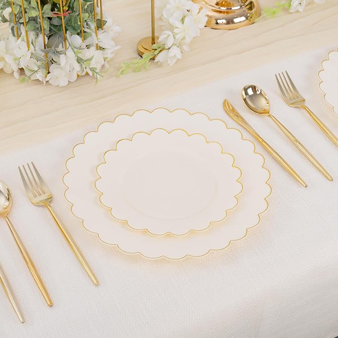 100pcs Scalloped Ivory Gold Plastic Plates, Elegant Party Plates | Includes 50 - Image 4