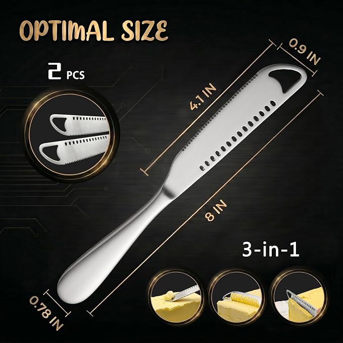 2 Pack Stainless Steel Butter Knife Set - 3 in 1 Butter Spreader Knife - Image 2