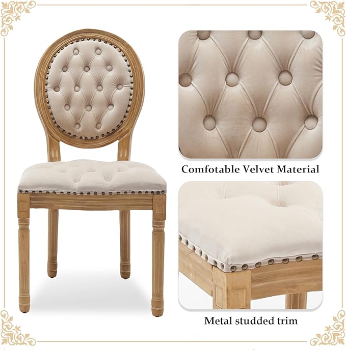 SoarFlash French Dining Chairs Set of 2, Vantage Dining Chair with Round Back, Wood Leg Farmhouse Country Velvet Dining Chair for Kitchen,Bedroom,Beige