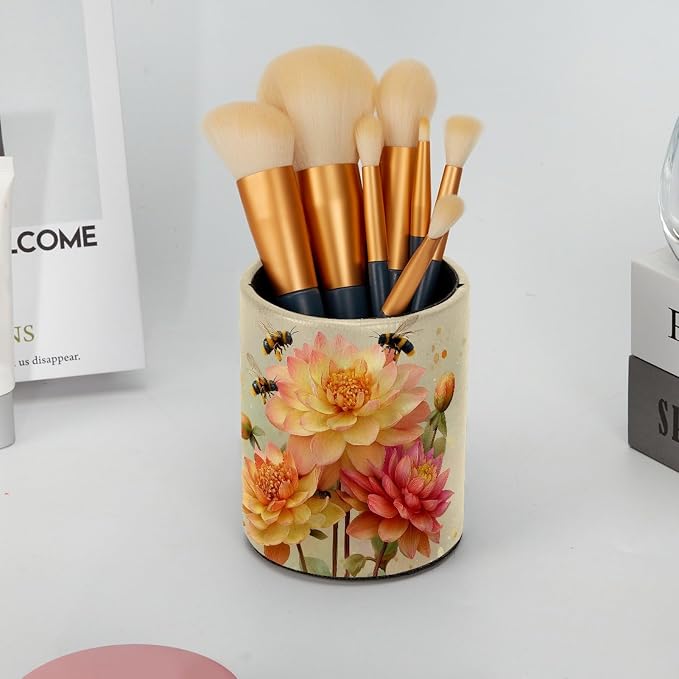 Leather Pen Holder for Desk, Watercolor Floral Pencil Cup Pen Organizer Makeup - Image 6