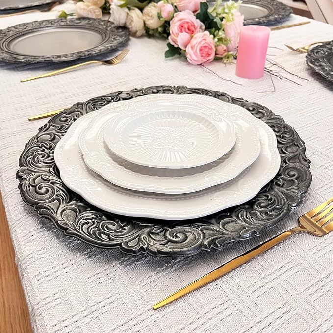 Antique Silver Charger Plates Embossed Rim, 13 Inch Dinner Plate Chargers Round - Image 6