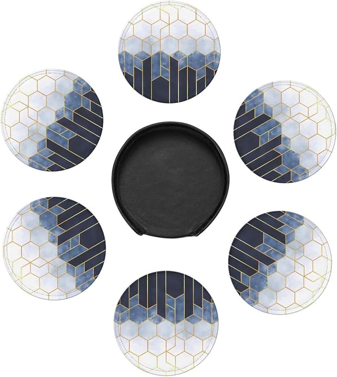 6 Pcs Blue Gold Marble Geometric Hexagons Leather Coasters - Image 7
