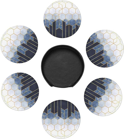 6 Pcs Blue Gold Marble Geometric Hexagons Leather Coasters - Image 7