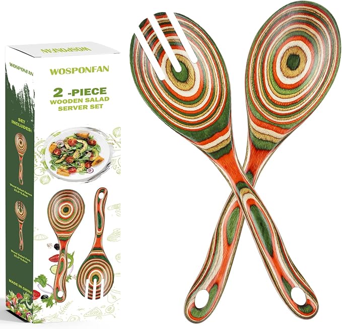 Salad Tongs, Pakkawood Wooden Spoons, Mixing Dinner Fork and Spoon | 10.5in by WoodenKitchenUtensilsSet