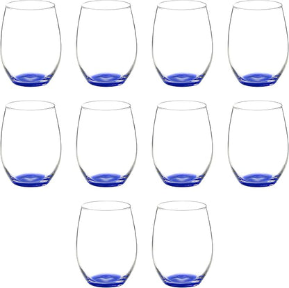 DISCOUNT PROMOS 10 ARC Stemless Wine Glasses Set, 21 oz. - Chardonnay, Cabernet, Merlot, Sauvignon - Blue