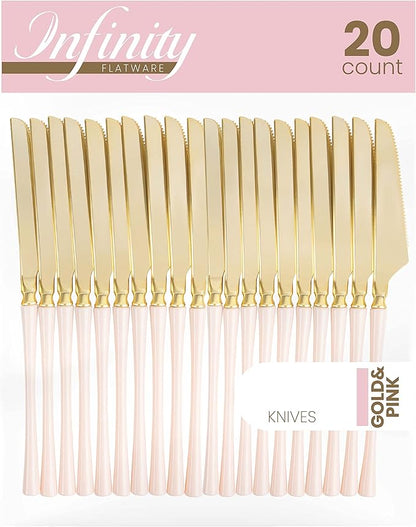 PLASTICPRO 20 Count Gold and Pink Plastic Knives Premium Quality Heavy Duty Disposable Elegant Silverware Two Tone Knives for Party