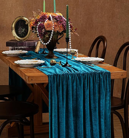 Peacock Blue Velvet Table Runner 29x120 Inch Luxury Retro Thick Runners | 10ft by SoarDream